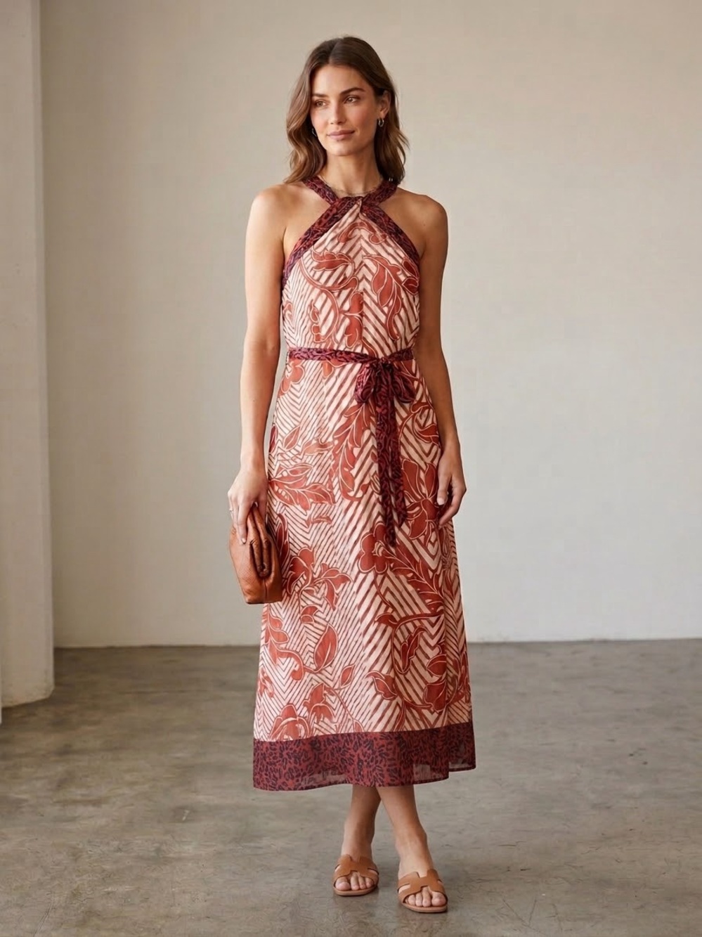 Printed Halter Midi Dress with Tie Waist in Rust